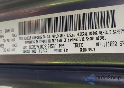 2012 Ram 1500 St z USA, uszkodzony, nr VIN 1C6RD7KT6CS174599